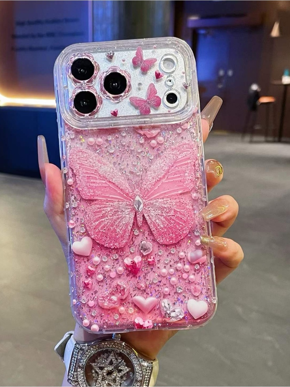 Pink 3D Butterfly Glitter Phone Case — Decorative Protective Case